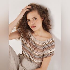 APRICOT 🍑- Crochet Striped Short Sleeve Top in Neutral Tones